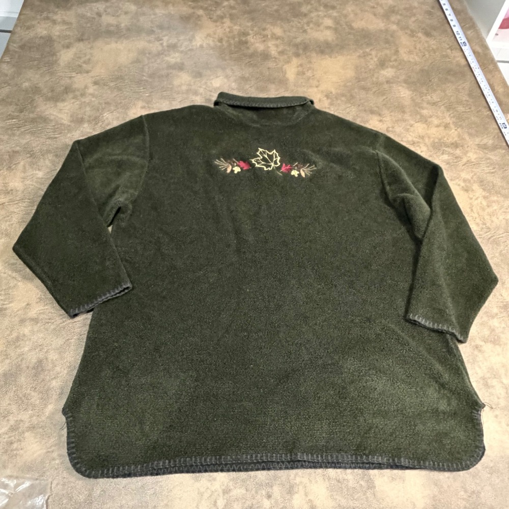 Artisans Fleece Sweater Womens XL Green Embroidered Leaf Top Made in USA